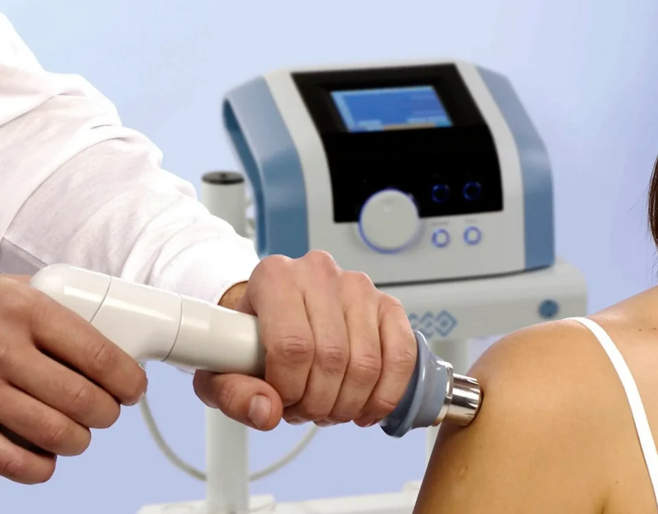 Especialista utilizando equipo de ondas de choque en San Juan de Lurigancho para estimular la regeneración natural y reducir inflamaciones.