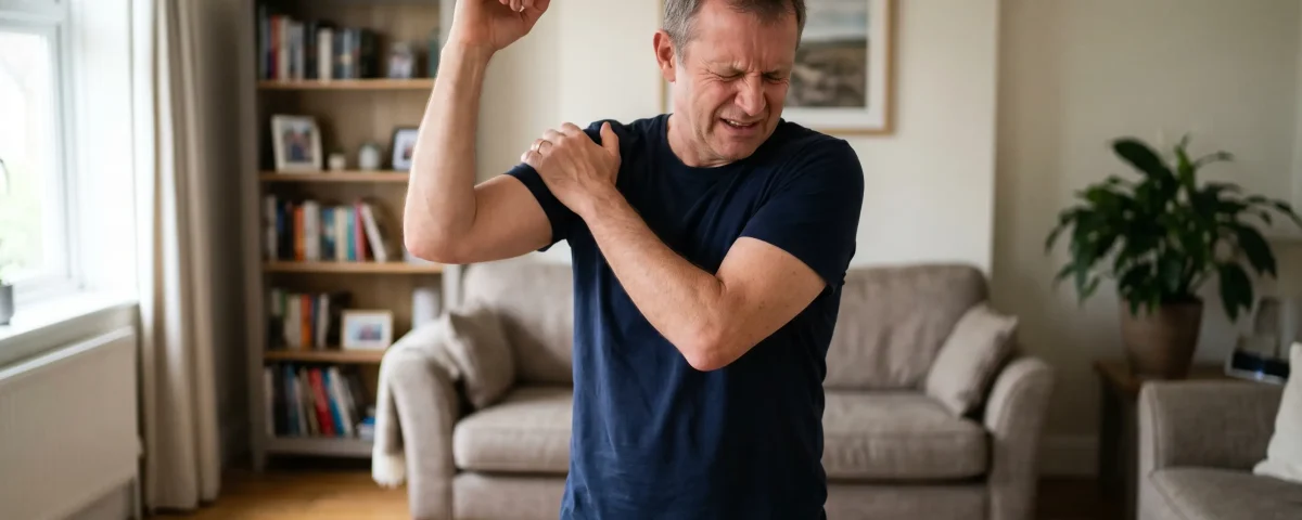 dolor de hombro al levantar el brazo en SJL persona con molestia al elevar el brazo