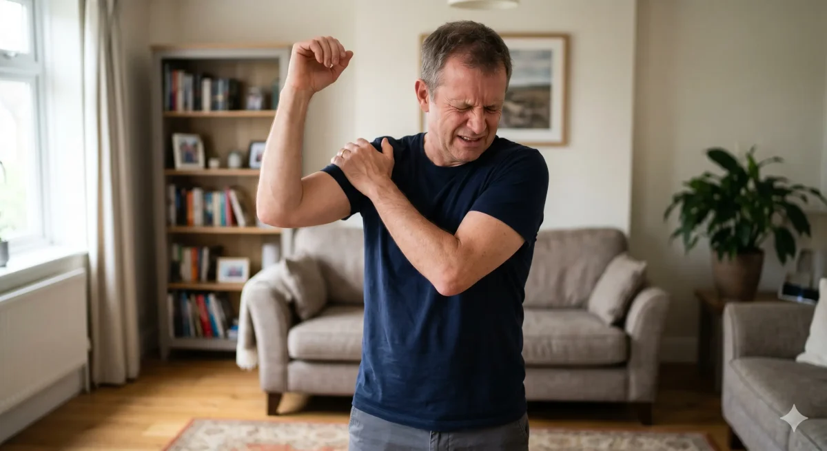 dolor de hombro al levantar el brazo en SJL persona con molestia al elevar el brazo