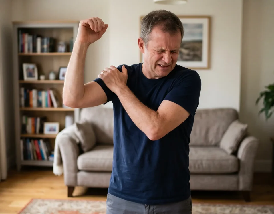 dolor de hombro al levantar el brazo en SJL persona con molestia al elevar el brazo