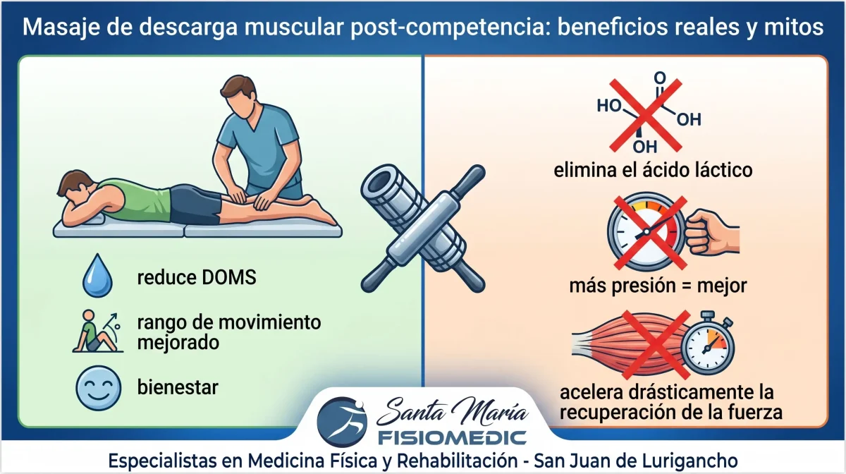 Masaje de descarga muscular post-competencia: beneficios reales y mitos