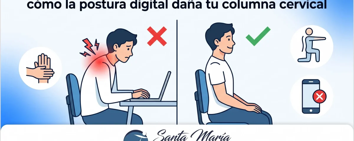 Síndrome de hombros encorvados: cómo la postura digital daña tu columna cervical